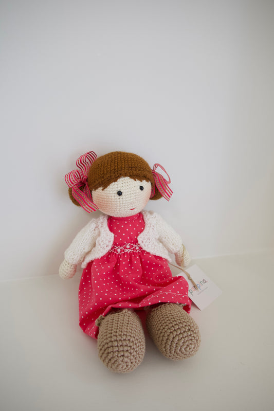Muñequita tejida - vestido rosa puntos